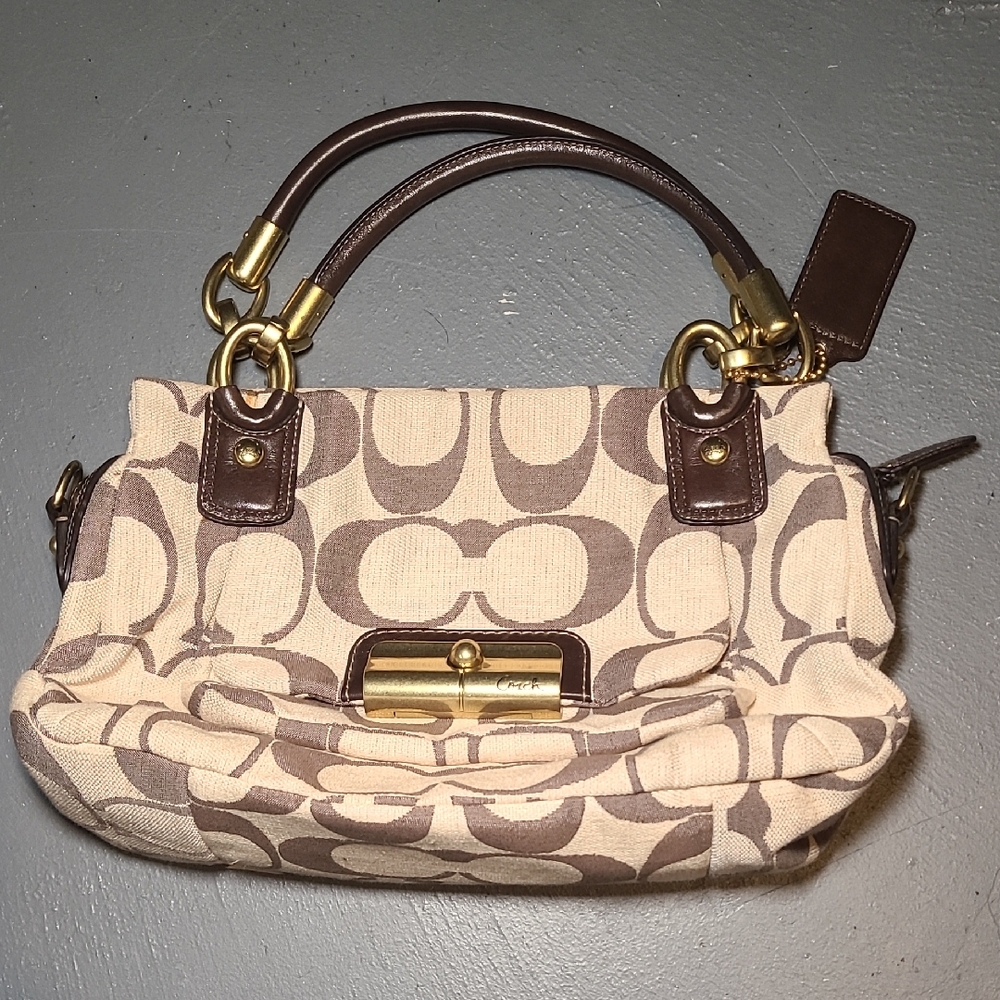 Coach Cream and Brown Signature Satchel